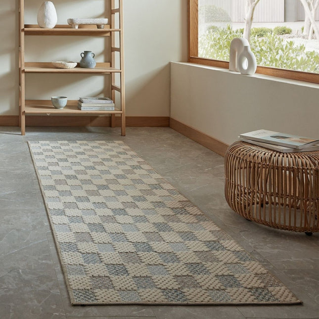 Katoenen lopers - Flair Rugs katoenen loper Muted Checkerboard Blauw - Vloerkledenloods