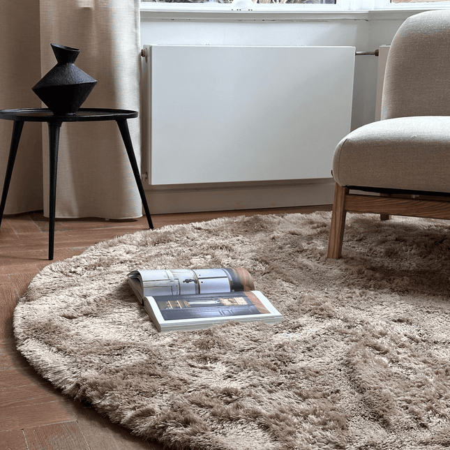 Rond hoogpolig vloerkleed Odelia bruin/taupe - Interieur05 - Vloerkledenloods