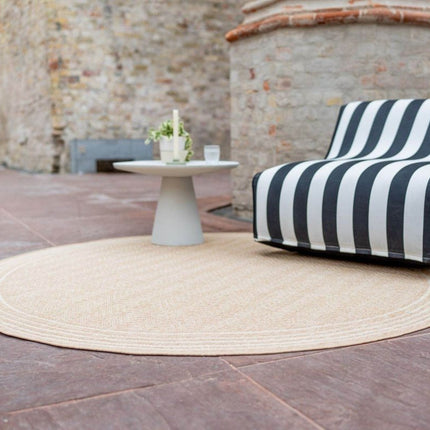 Rond Jute buitenkleed Naturel Visgraat Border - Vloerkledenloods