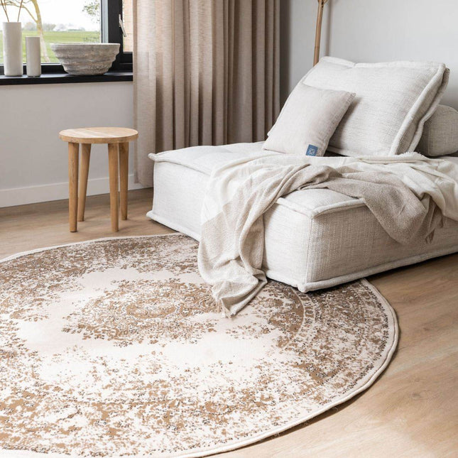 Rond Vintage Vloerkleed Keshan Bruin/Beige - Vloerkledenloods