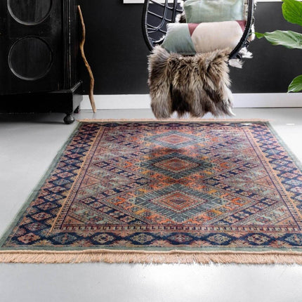 Vintage vloerkleed Khepera groen met franjes - Vloerkledenloods