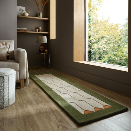 Wollen lopers - Flair Rugs wollen loper Apex Border Groen - Vloerkledenloods