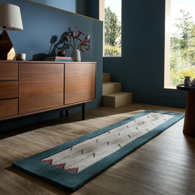 Wollen lopers - Flair Rugs wollen loper Apex Border Teal - Vloerkledenloods